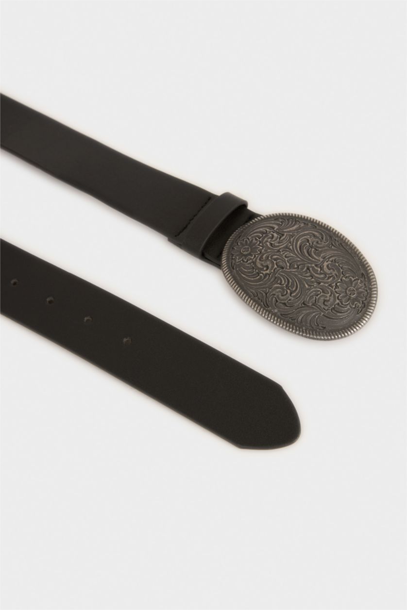 MAN Black Man Oval Buckle Faux Leather Jean Belt