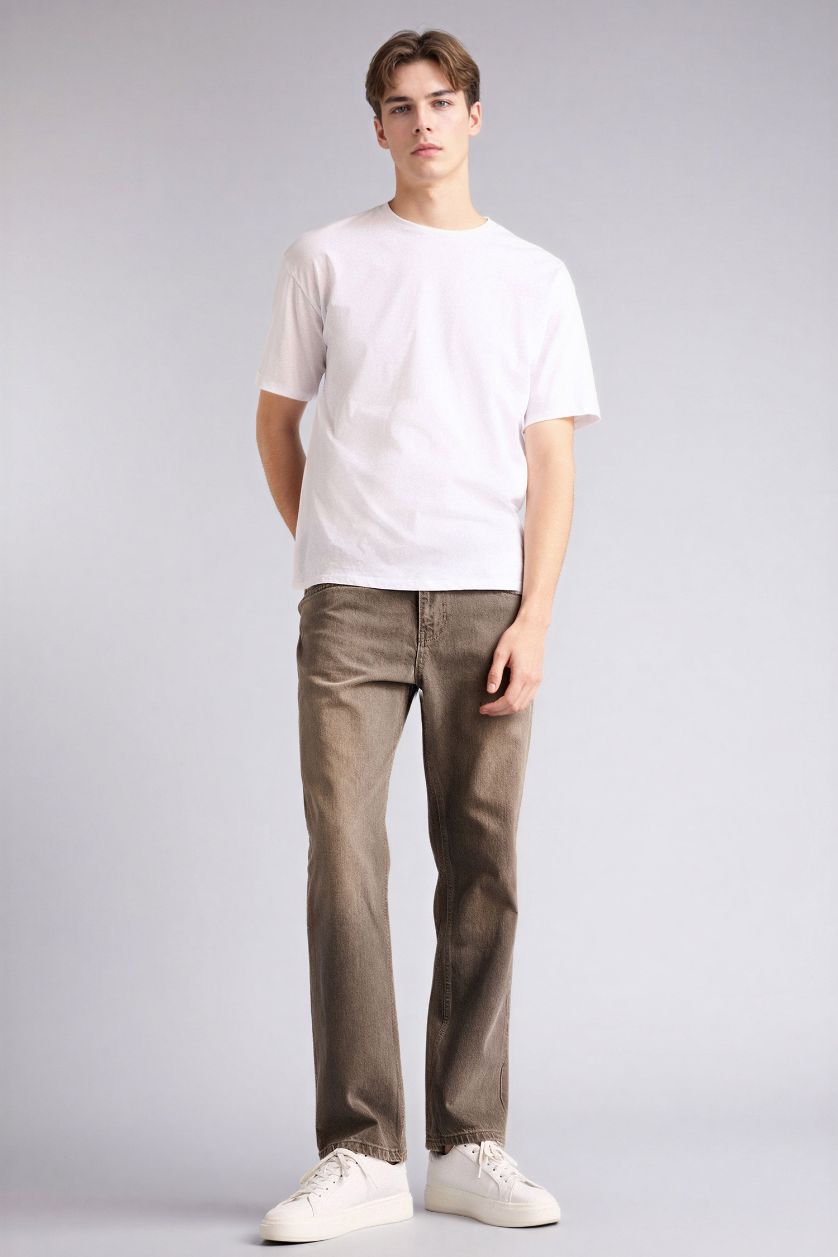 رجال بني فاتح بنطلون جينز قصة مستقيمة ملمس ناعم