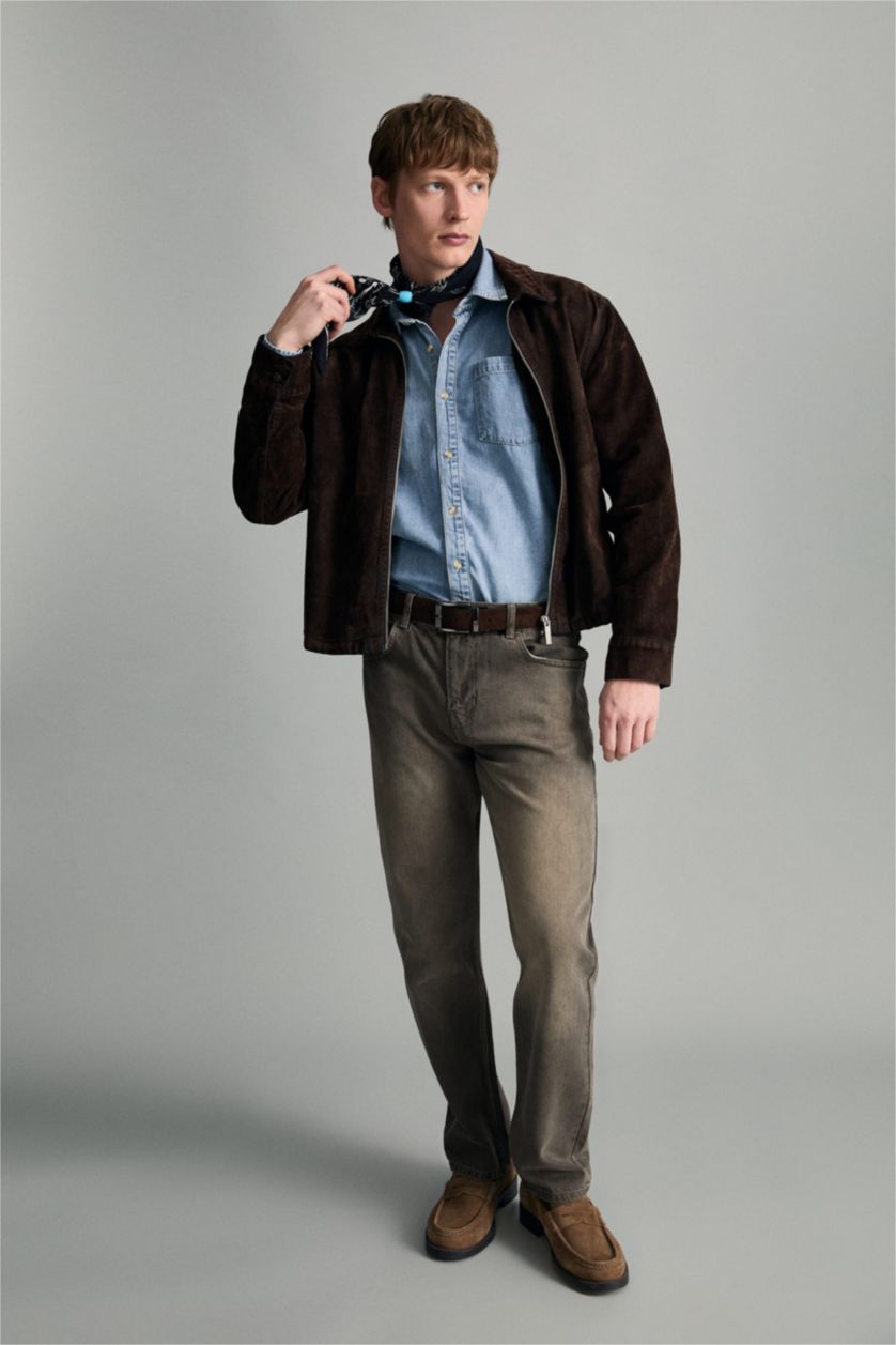 Erkek Açık Kahve Yumuşak Dokulu Straight Fit Jean Pantolon