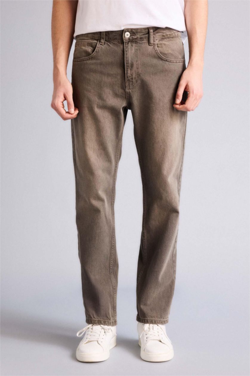 Erkek Açık Kahve Yumuşak Dokulu Straight Fit Jean Pantolon