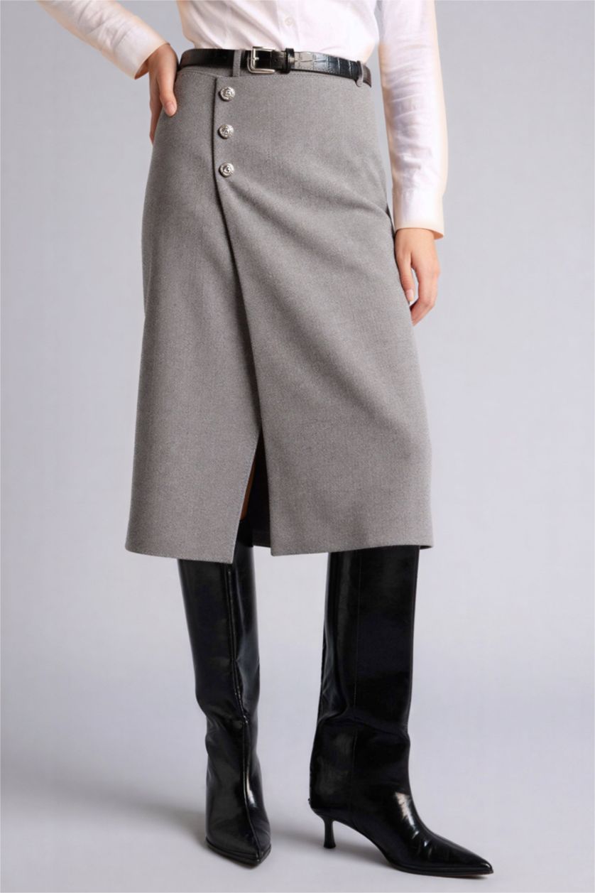 Woman Anthracite Taffeta Normal Waist Midi Skirt