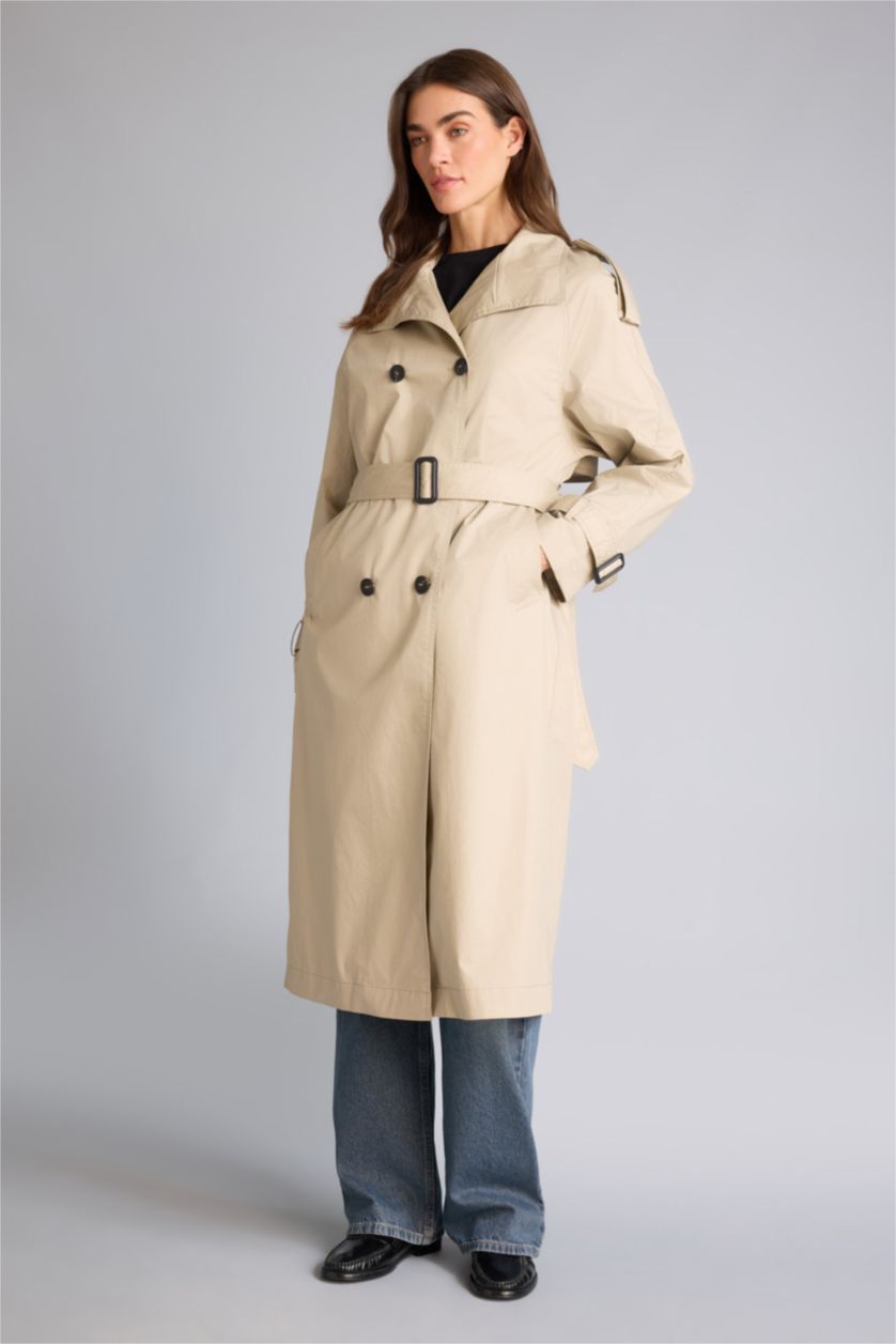 Woman Beige Regular Fit Cotton Lined Twill Trenchcoat