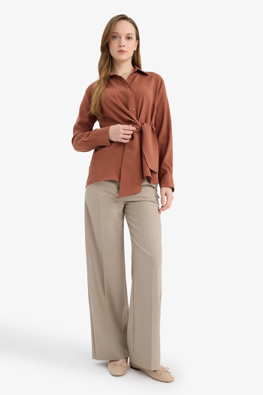 Kadın Açık Kahve Relax Fıt Gömlek Yaka Modal Uzun Kollu Gömlek