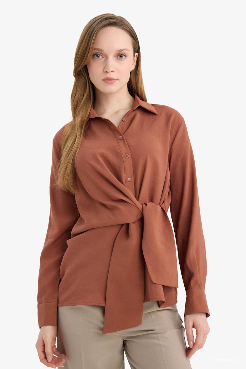 Women Light Brown Relax Fit  Modal Long Sleeve Shirt