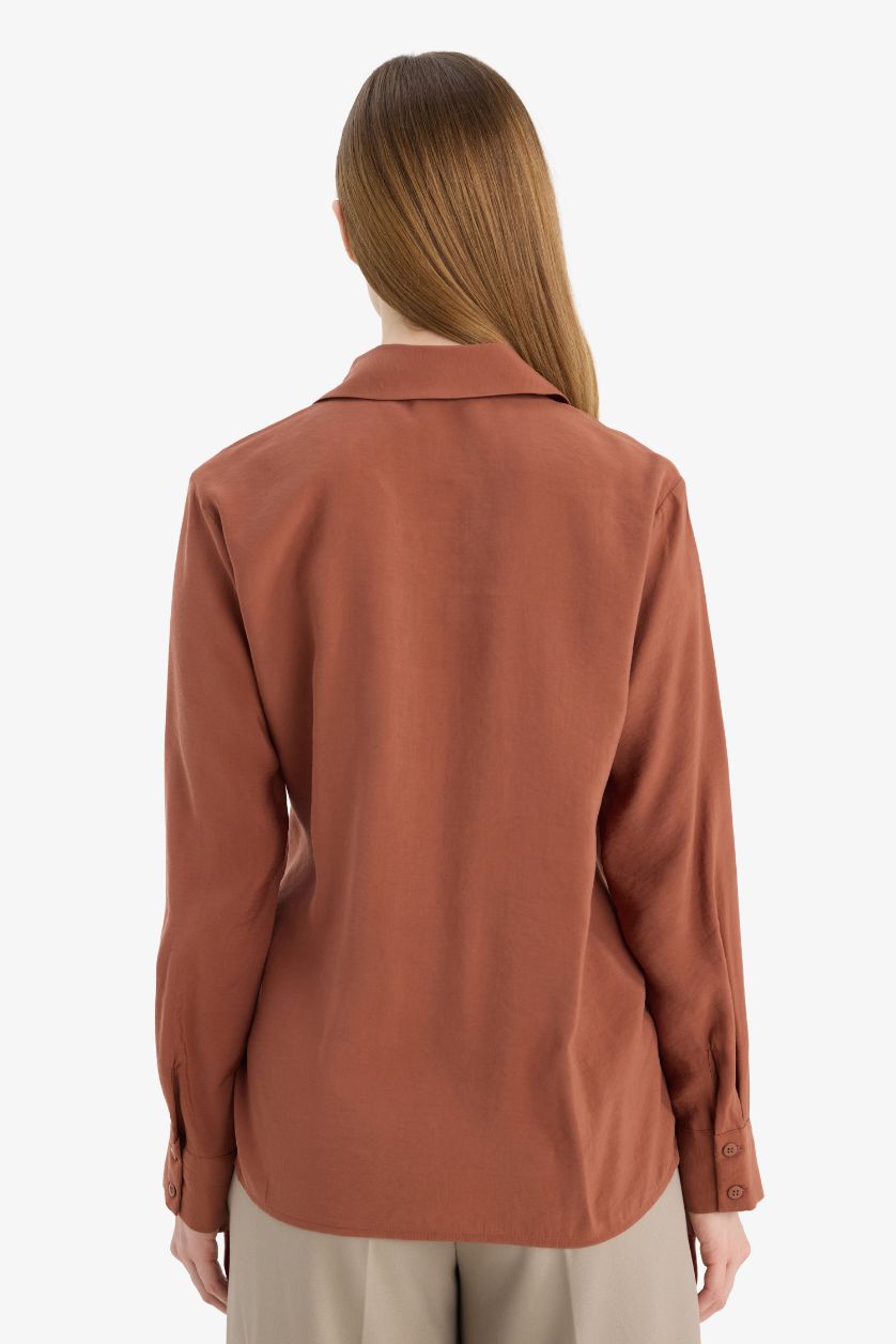 Kadın Açık Kahve Relax Fıt Gömlek Yaka Modal Uzun Kollu Gömlek