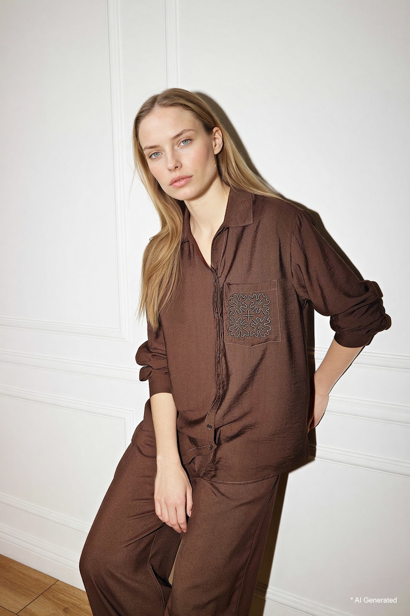 WOMAN Brown Relax Fit Crinkle Fabric Shirt