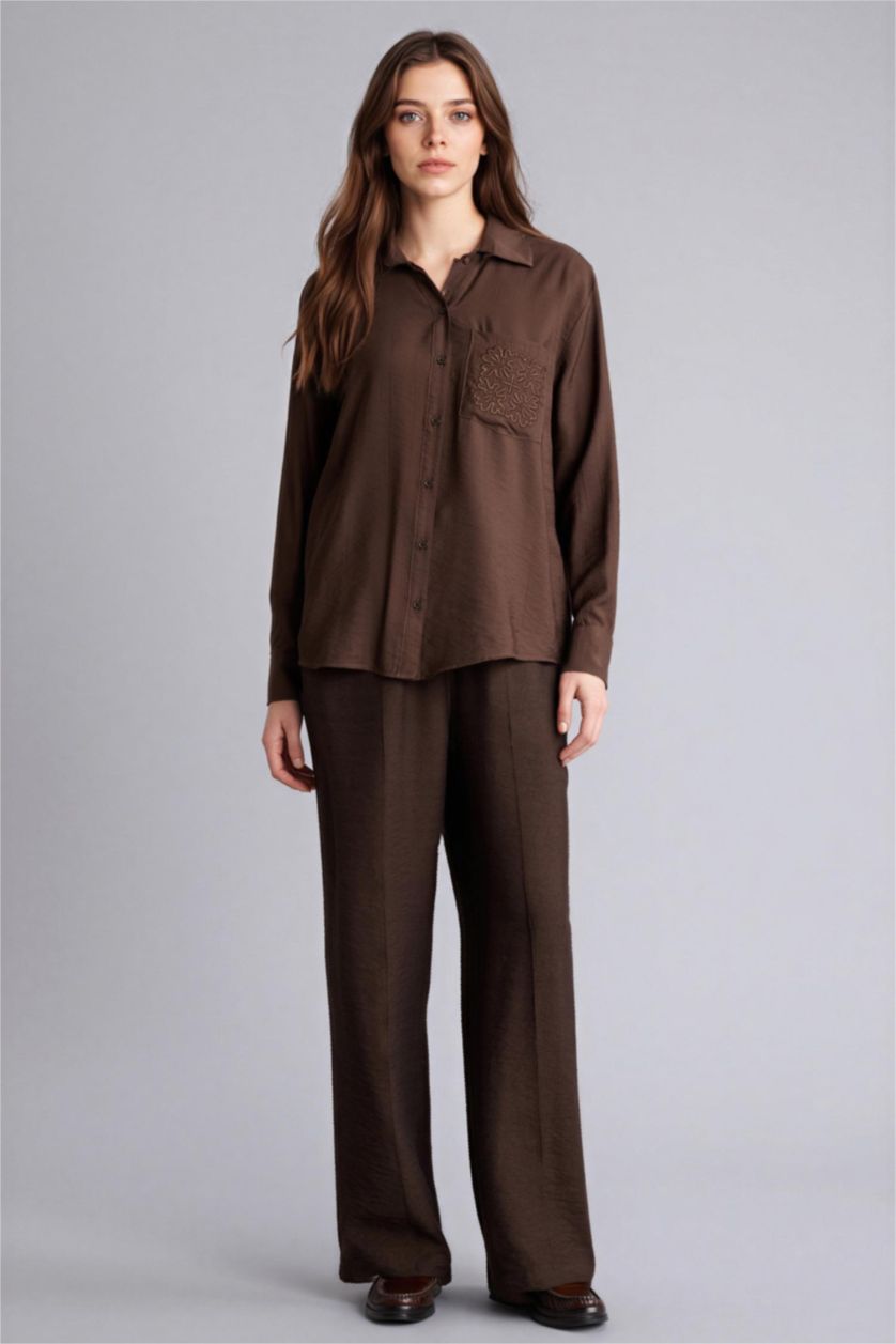 Woman Brown Relax Fit Shirt Collar Crinkle Fabric Long Sleeve Shirt