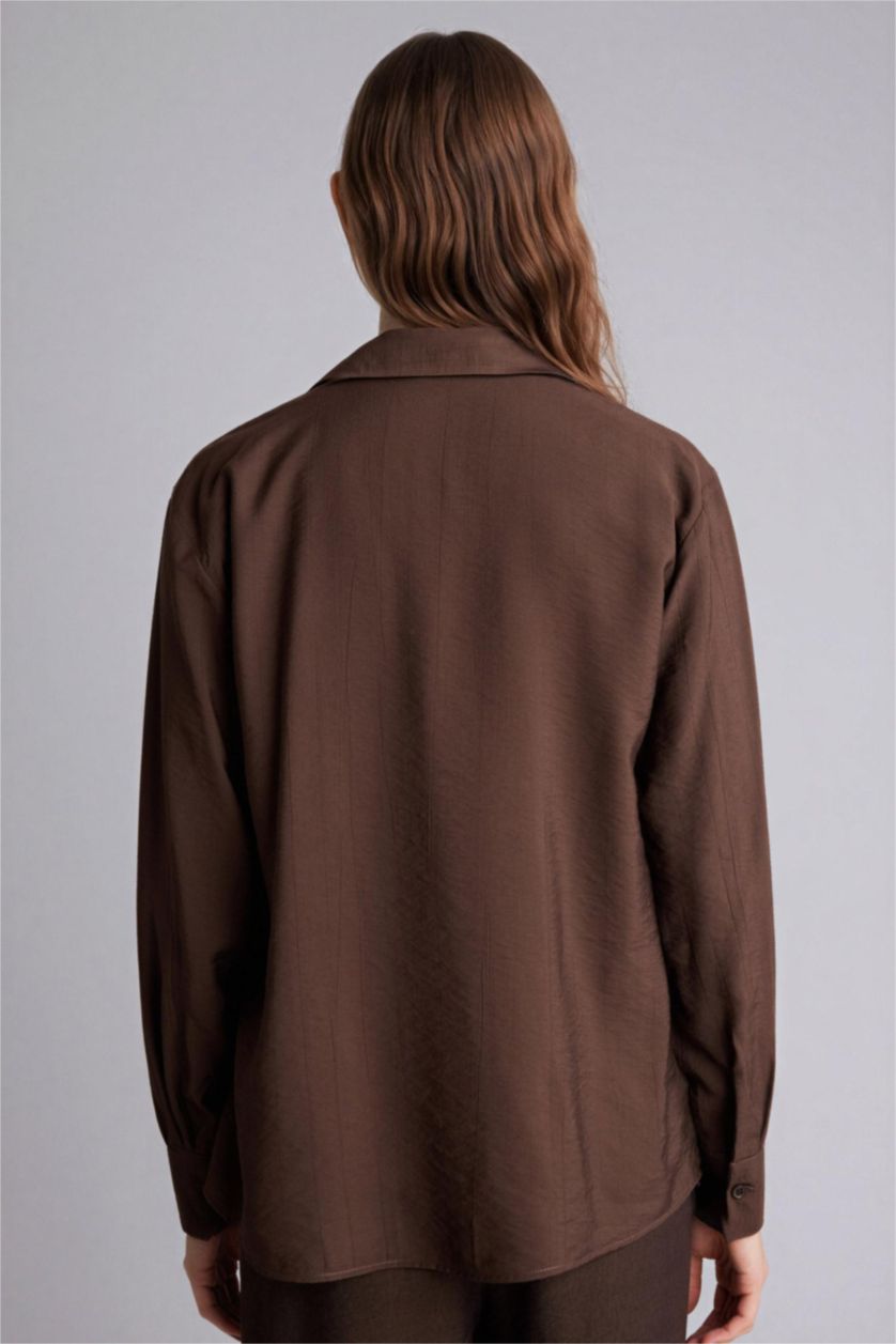 Woman Brown Relax Fit Shirt Collar Crinkle Fabric Long Sleeve Shirt