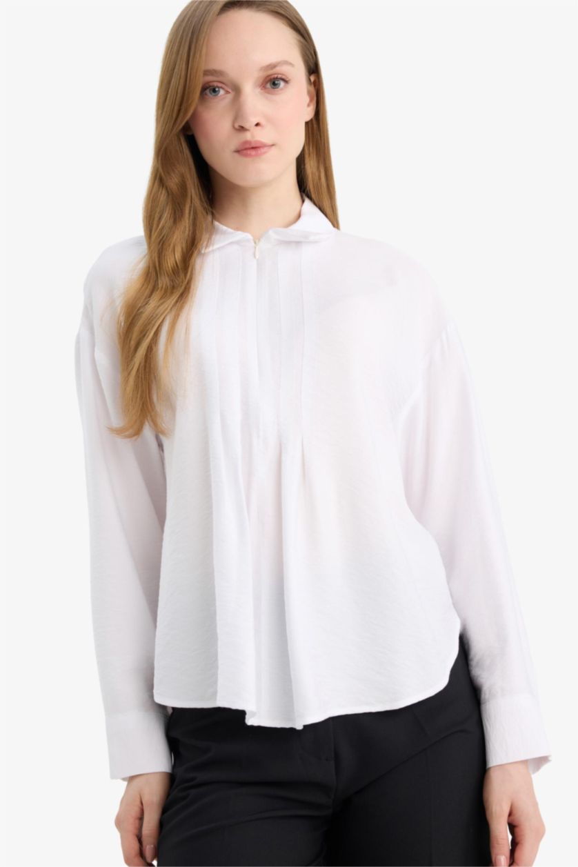 WOMAN White Relax Fit Shirt Collar Long Sleeve Shirt