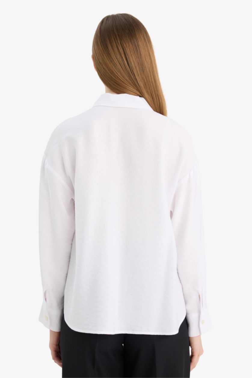 Женщины Кремовый Relax Fit Shirt Collar Long Sleeve Shirt