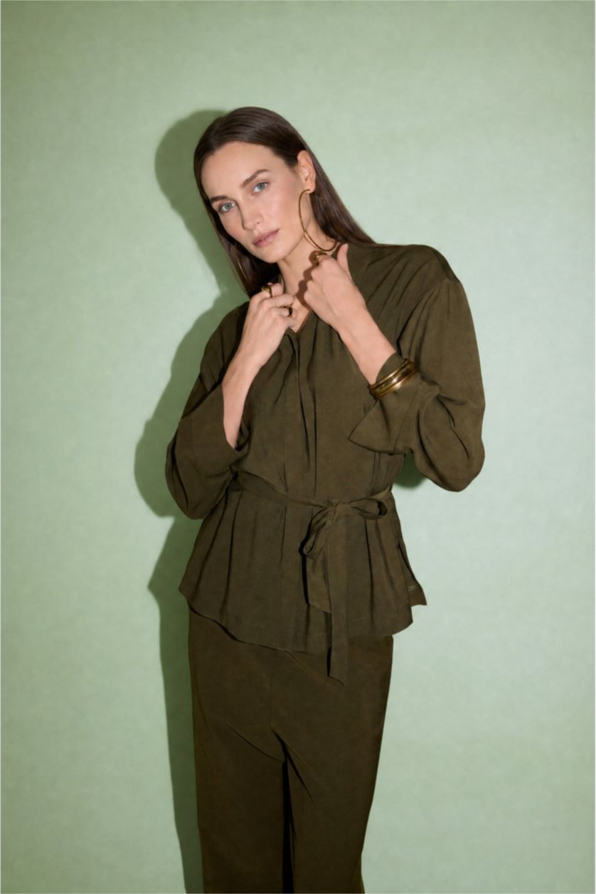 Kadın Haki Relaxed Fit Uzun Kollu Gömlek