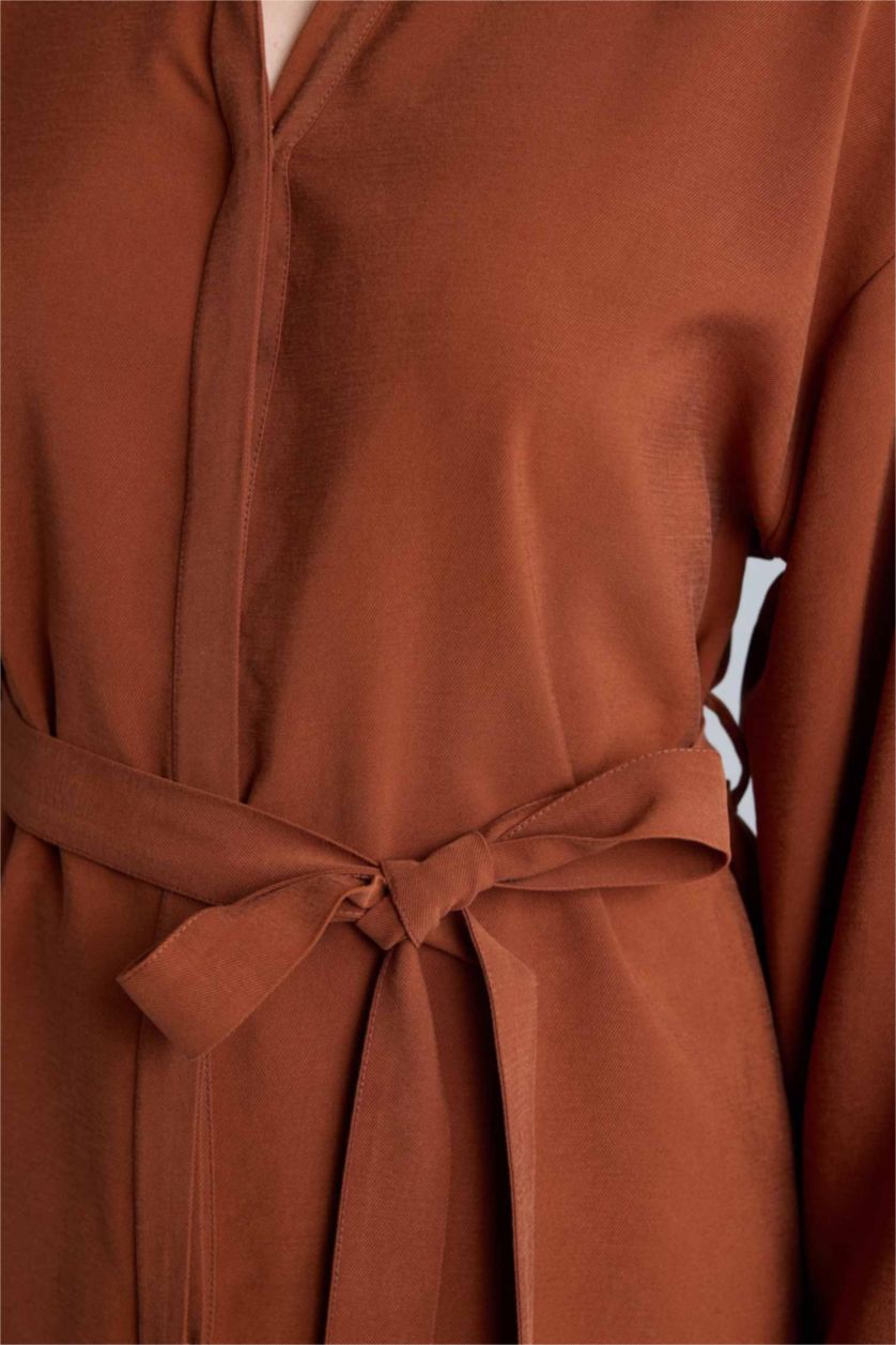 Kadın Açık Kahve Relax Fıt Gömlek Yaka Uzun Kollu Gömlek