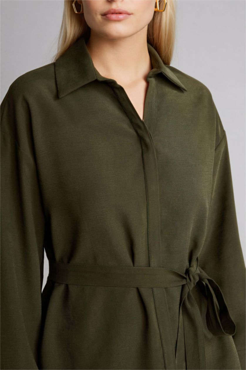 Kadın Koyu Haki Relax Fıt Gömlek Yaka Uzun Kollu Gömlek