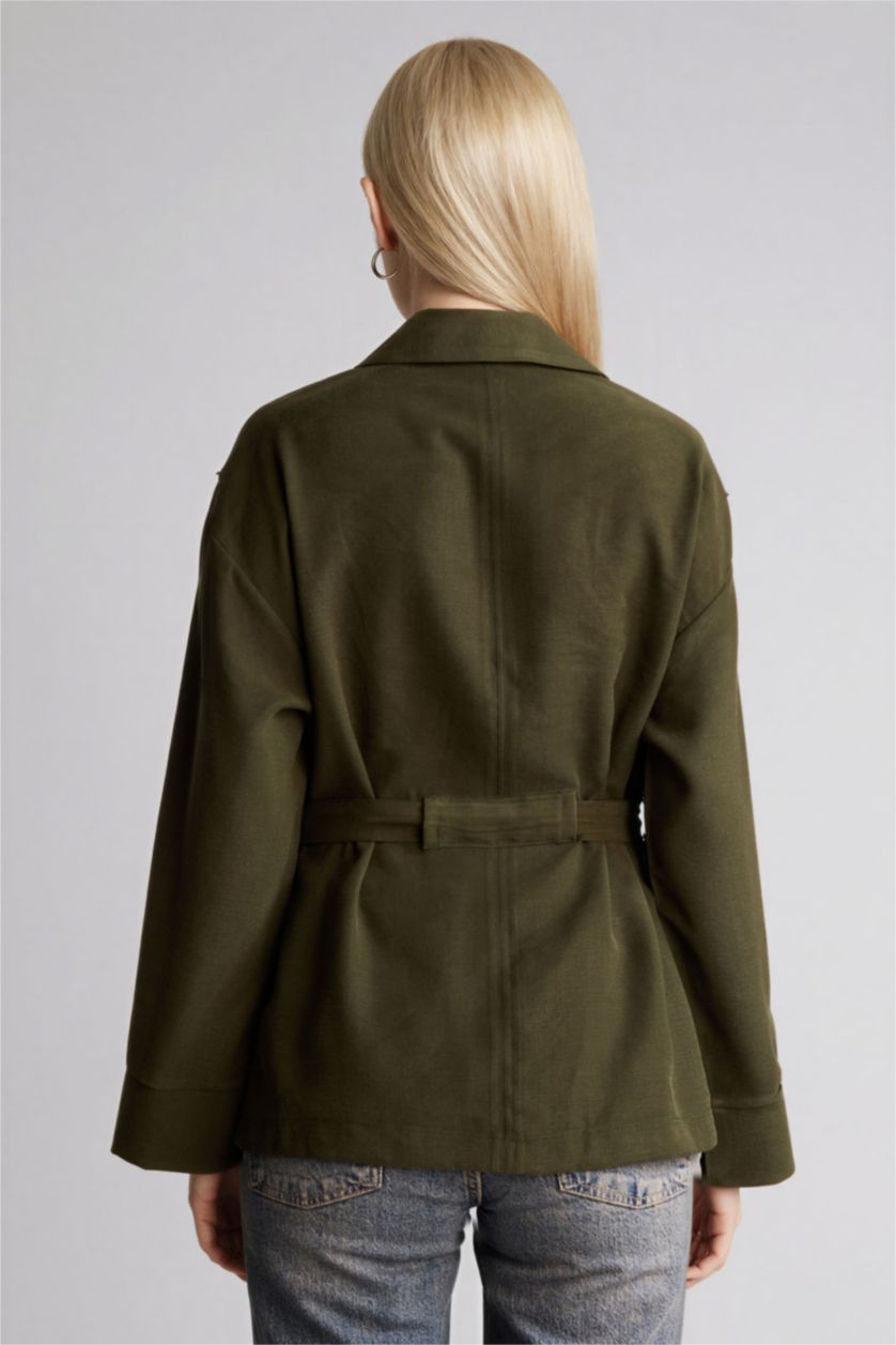 Kadın Koyu Haki Relax Fıt Gömlek Yaka Uzun Kollu Gömlek