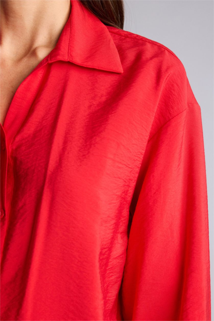 نساء أحمر قميص كم طويل قصة مريحة بياقة قميص