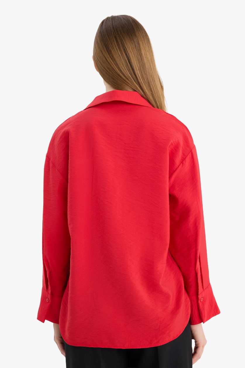 WOMAN Red Relax Fit Shirt Collar Long Sleeve Shirt