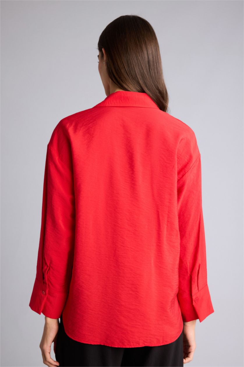 نساء أحمر قميص كم طويل قصة مريحة بياقة قميص