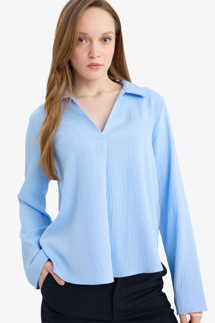 WOMAN Blue Relax Fit Waffle Textured Long Sleeve Blouse