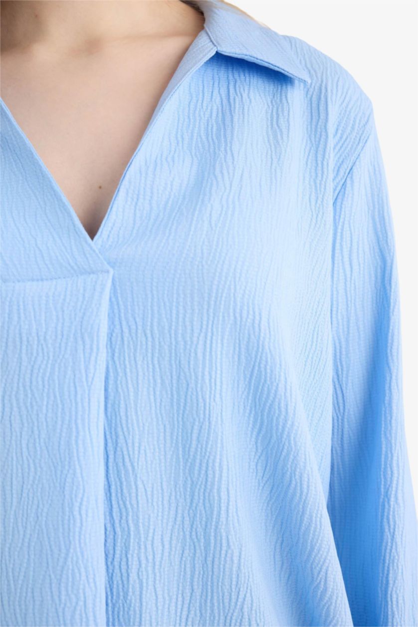 نساء أزرق بلوزة كم طويل قصة مريحة برقبة قميص