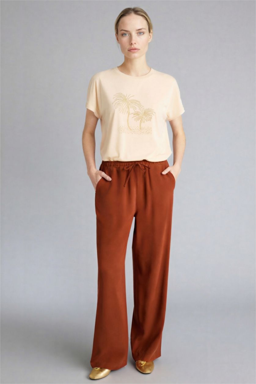 Woman Light Brown Straight Fit Wide Leg Trousers