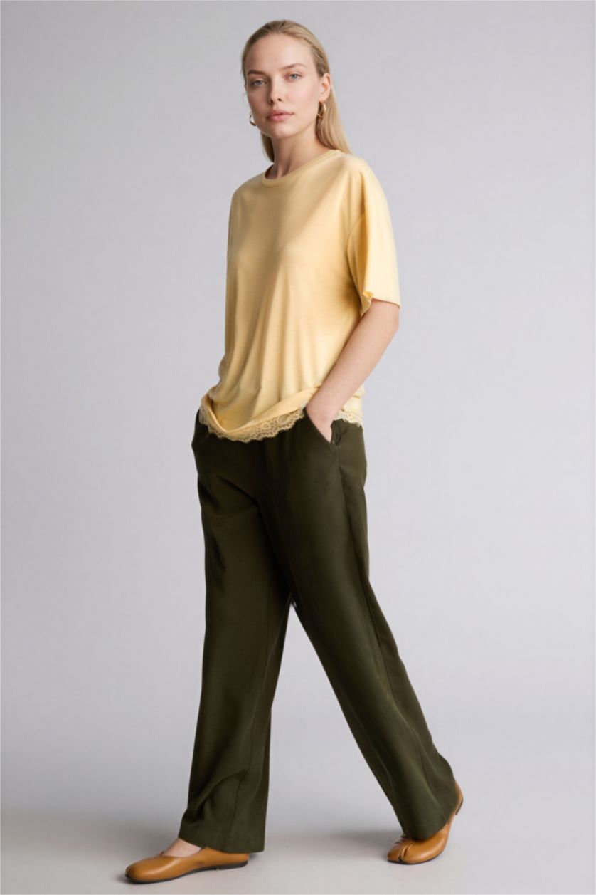 Kadın Koyu Haki Straıght Fıt Geniş Paça Pantolon