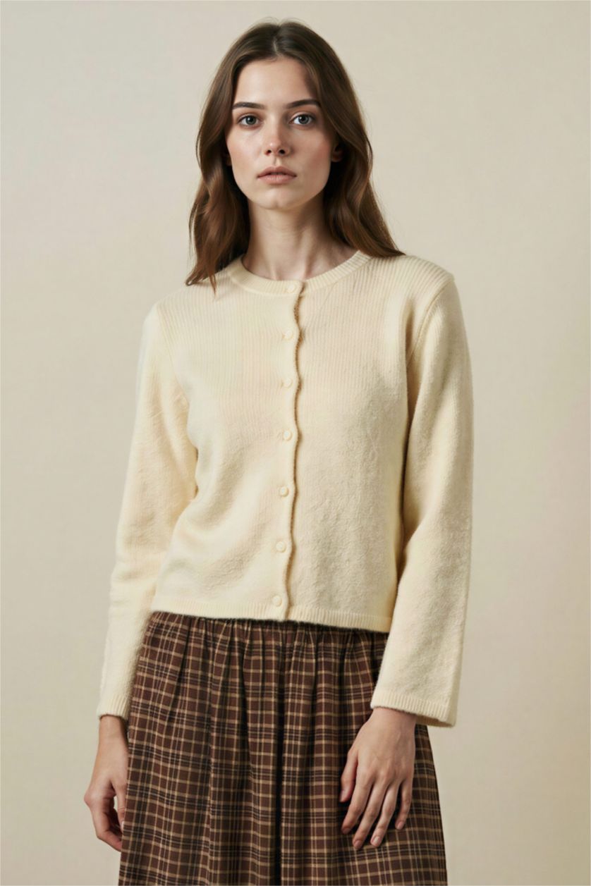 Kadın Sarı Regular Fıt Triko Hırka