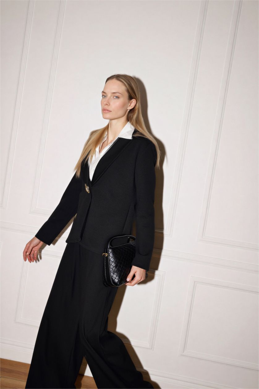 Woman Black Asymmetric V-Neck Pique Cardigan