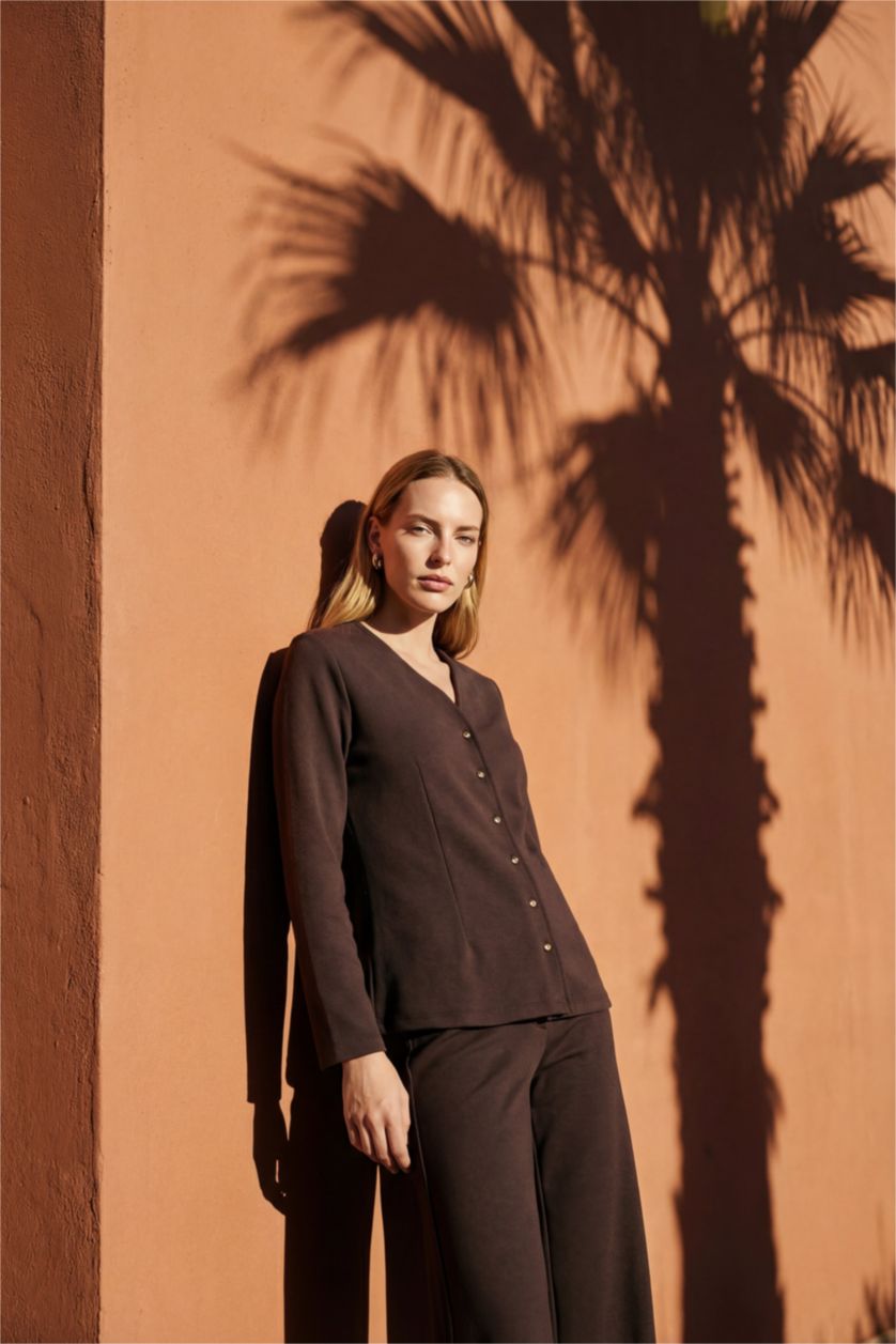 WOMAN Brown Regular Fit V-Neck Cardigan