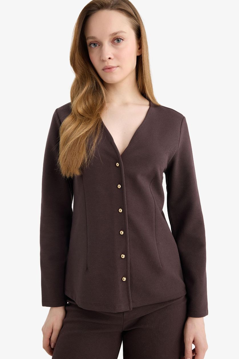WOMAN Brown Regular Fit V-Neck Cardigan