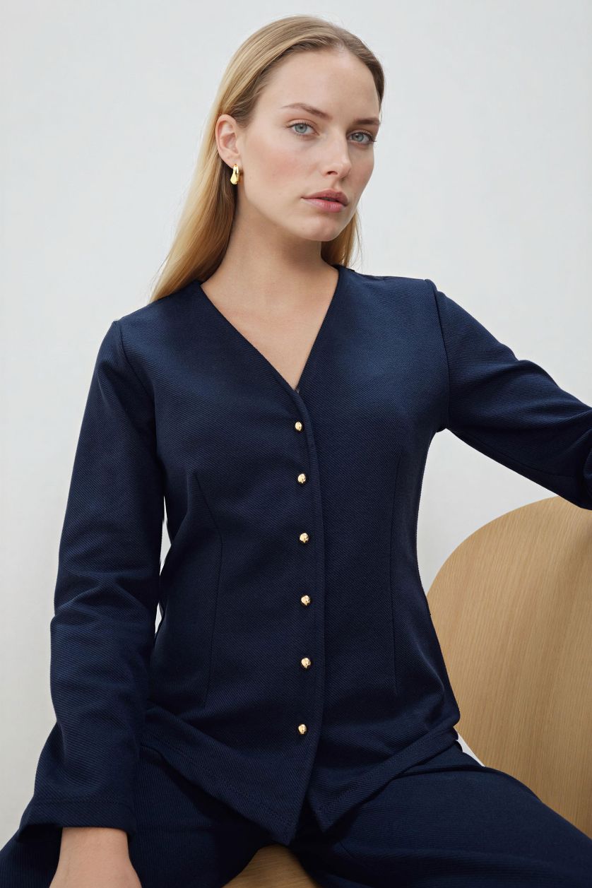 حريمي كحلي كارديجان قصة عادية بياقة V