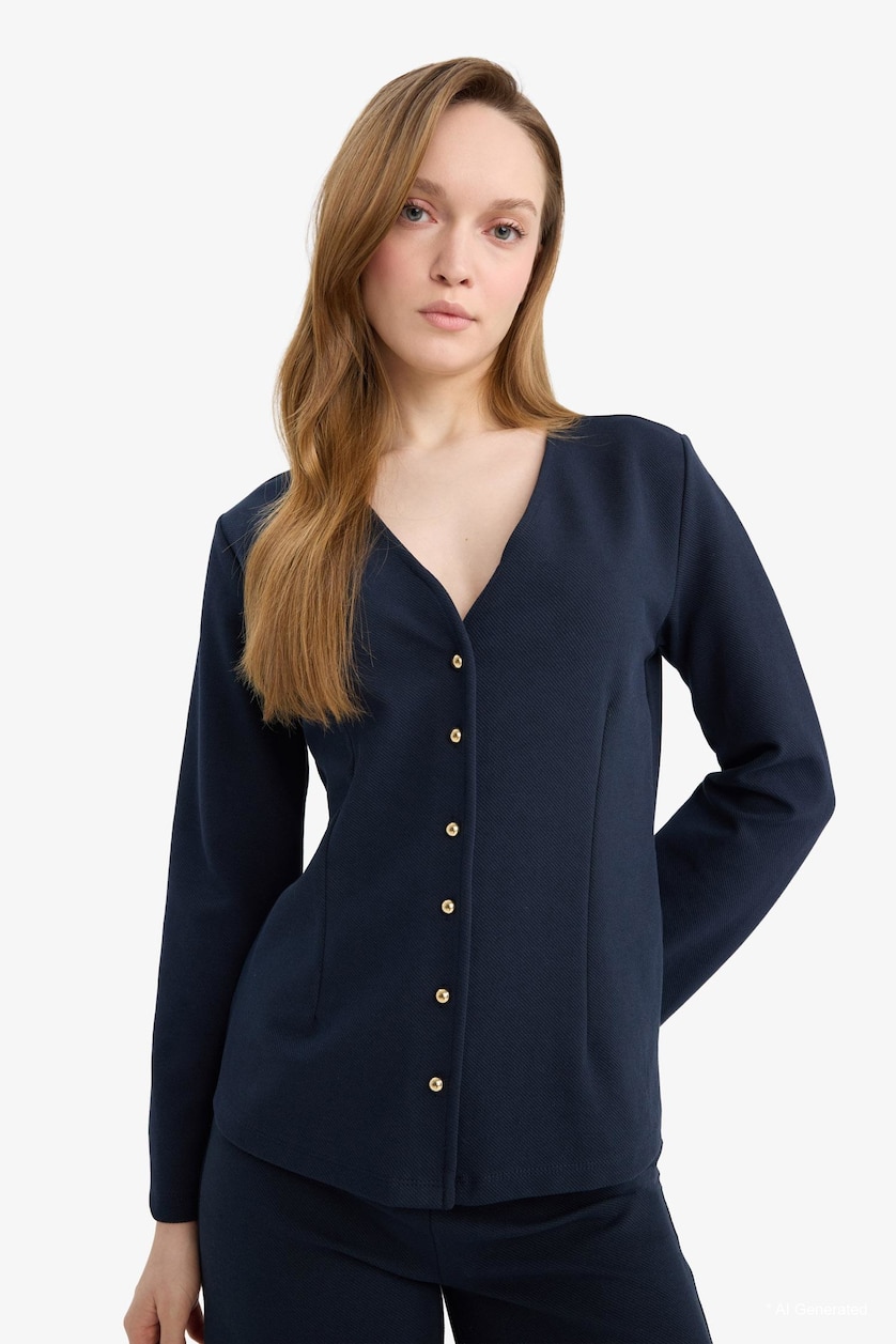 Kadın Lacivert Regular Fit V Yaka Basic Hırka