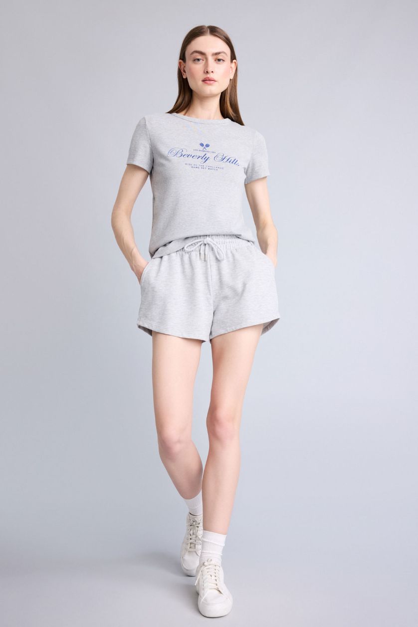 حريمي ميلانج رمادي تيشيرت نص كم قصة عادية وياقة مستديرة