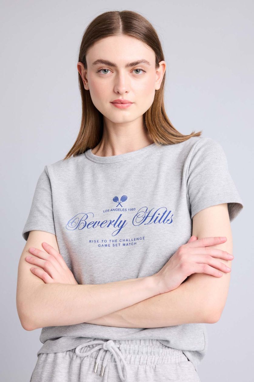 حريمي ميلانج رمادي تيشيرت نص كم قصة عادية وياقة مستديرة