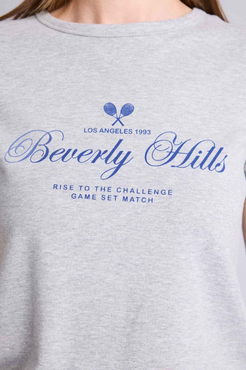 حريمي ميلانج رمادي تيشيرت نص كم قصة عادية وياقة مستديرة