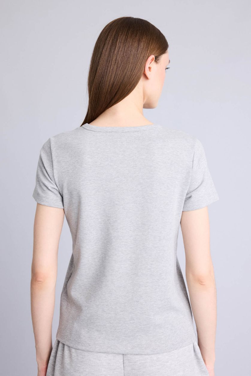 حريمي ميلانج رمادي تيشيرت نص كم قصة عادية وياقة مستديرة