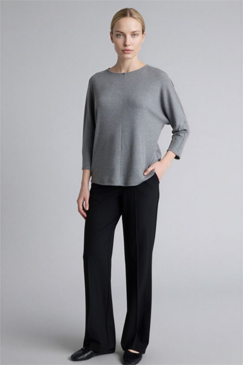 Kadın Antrasit Melanj Kayık Yaka Uzun Kollu Tişört