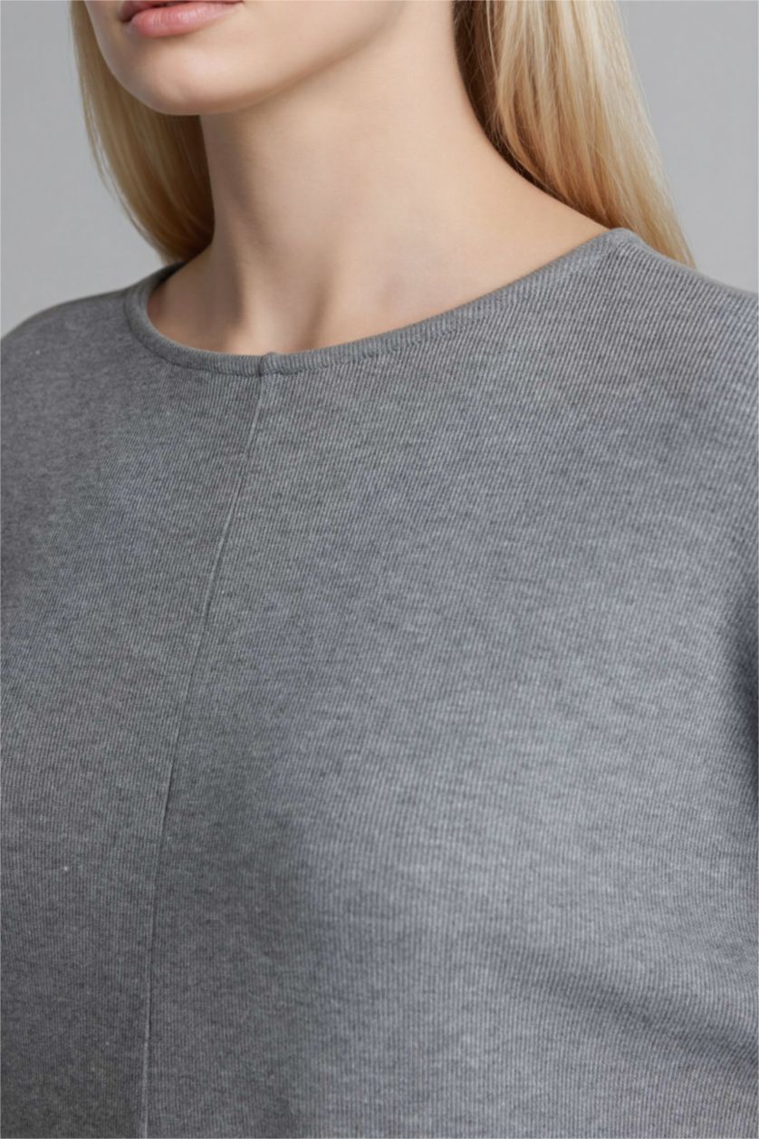 Kadın Antrasit Melanj Kayık Yaka Uzun Kollu Tişört