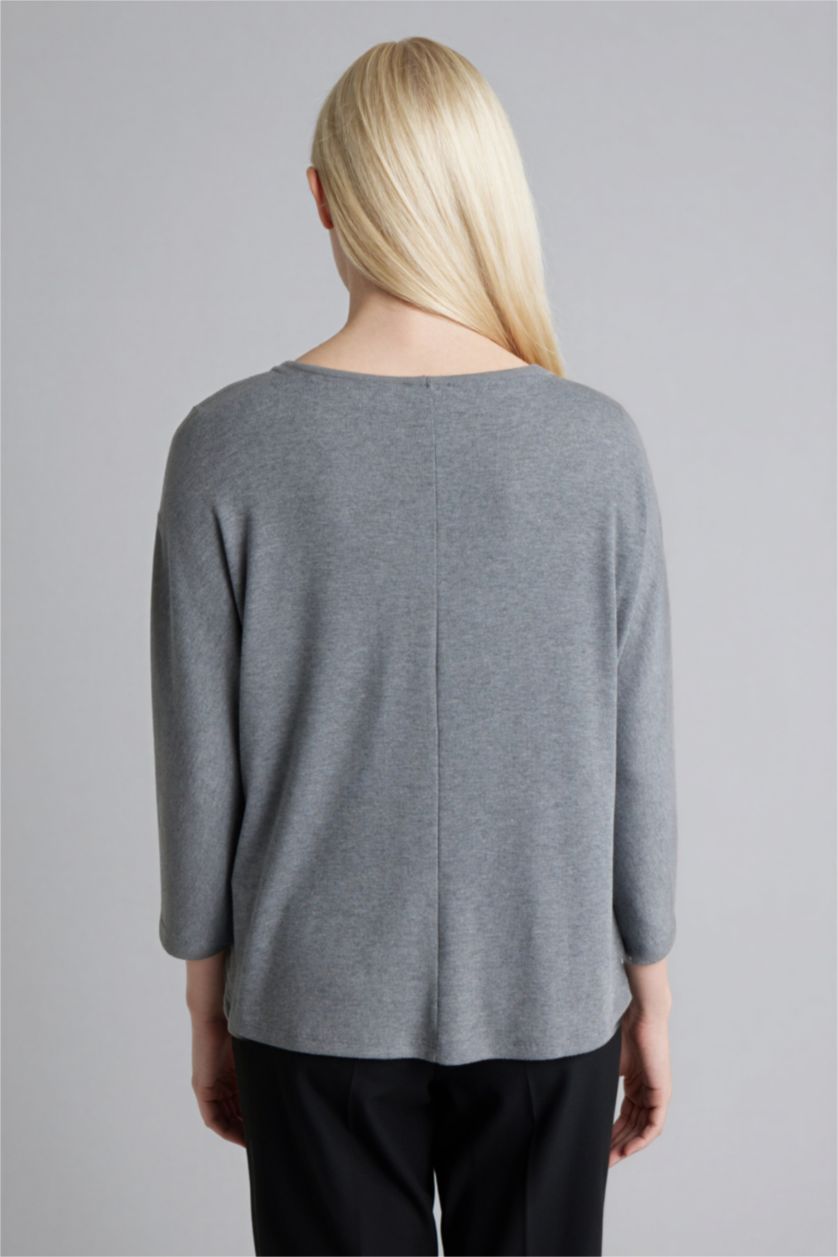 Kadın Antrasit Melanj Kayık Yaka Uzun Kollu Tişört