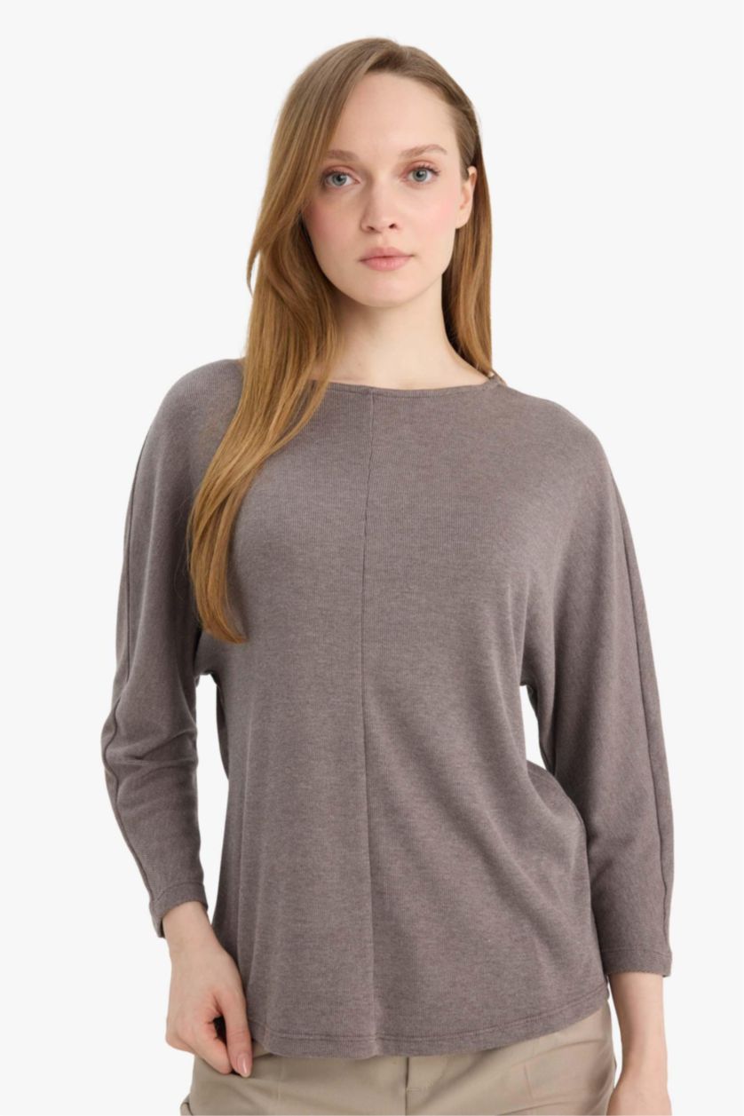 Woman Light Brown Boat Neck Long Sleeve T-Shirt