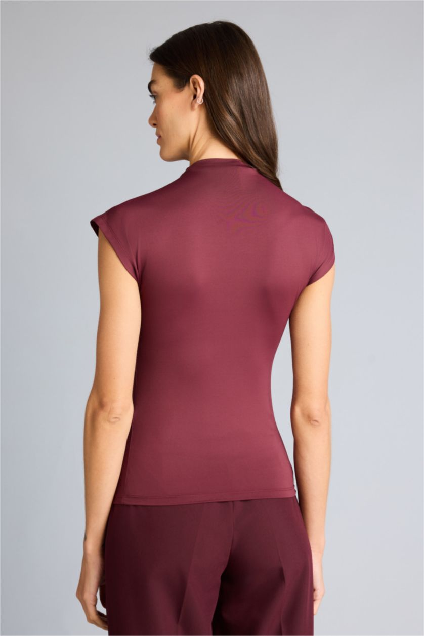 Kadın Bordo Slım Fıt Yarım Balıkçı Yaka Tişört
