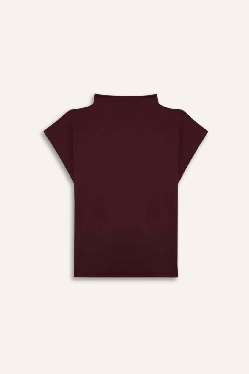 Kadın Bordo Slım Fıt Yarım Balıkçı Yaka Tişört