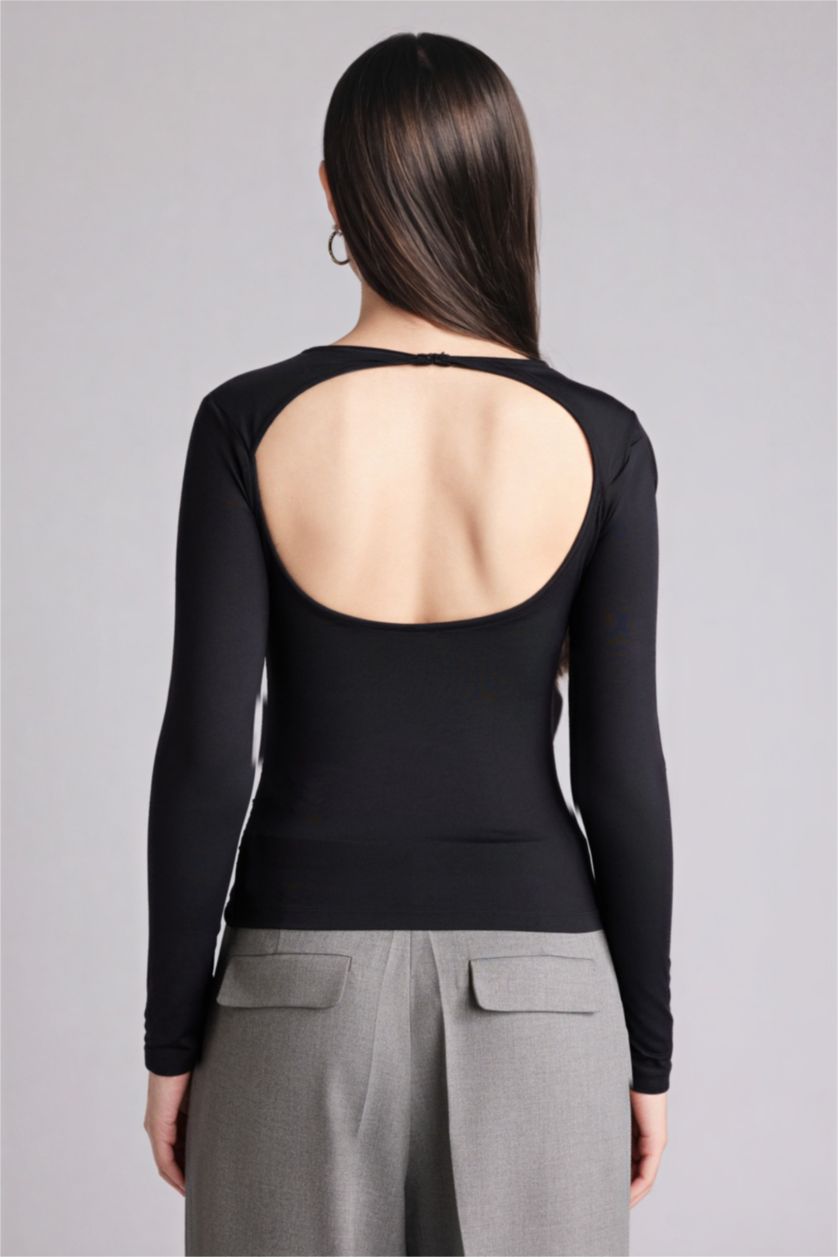 Woman Black تيشيرت ردن طويل سليم فيت وياخة مستديرة