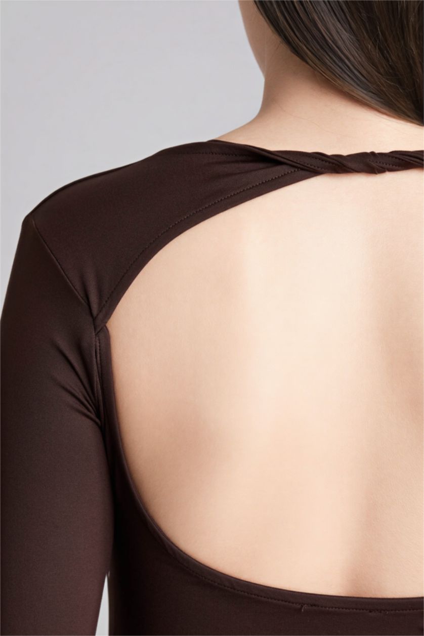 Woman Brown تيشيرت ردن طويل سليم فيت وياخة مستديرة