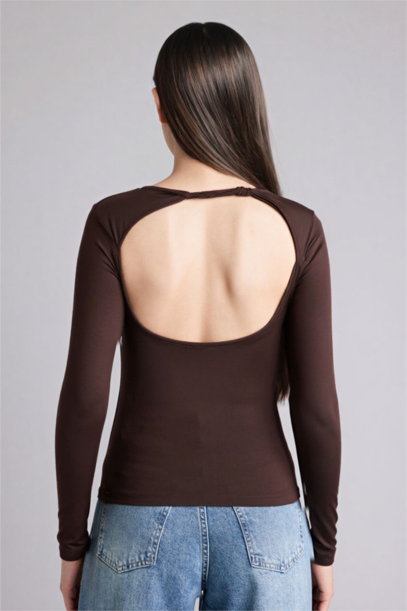 Woman Brown تيشيرت ردن طويل سليم فيت وياخة مستديرة