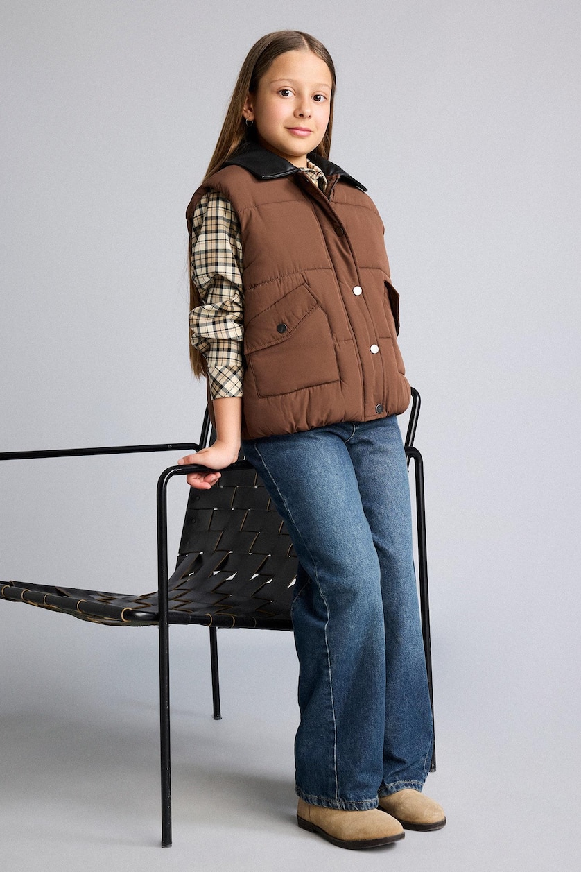 GIRLS & TEENS Brown Girl Waterproof Faux Leather Zippered Puffer Vest