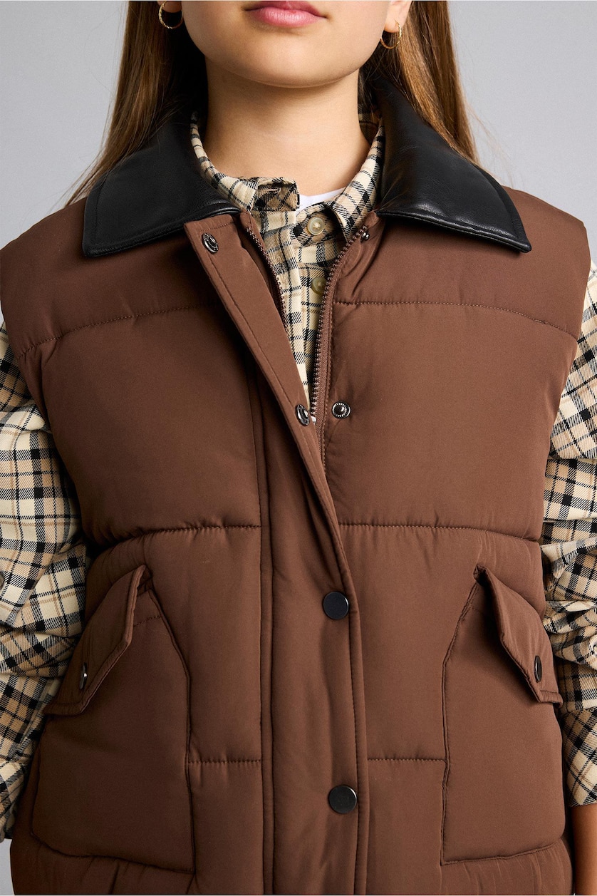 GIRLS & TEENS Brown Girl Waterproof Faux Leather Zippered Puffer Vest