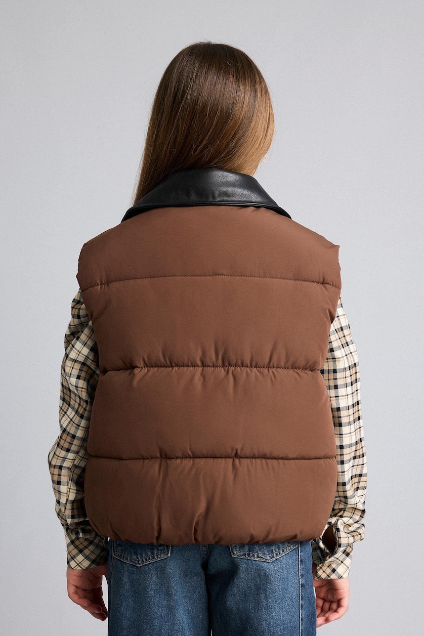 GIRLS & TEENS Brown Girl Waterproof Faux Leather Zippered Puffer Vest