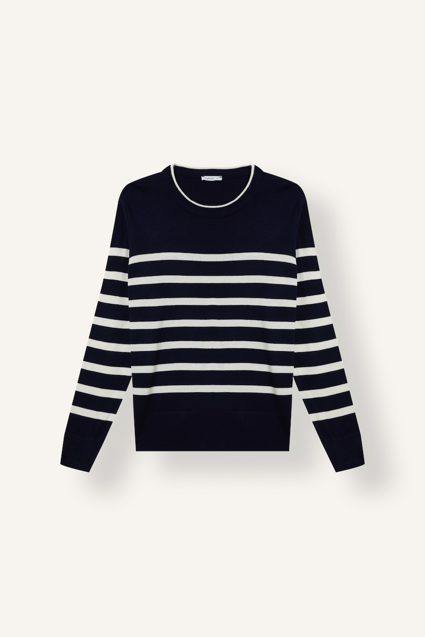 WOMAN NAVY Regular Fit Crew Neck Striped Pullover