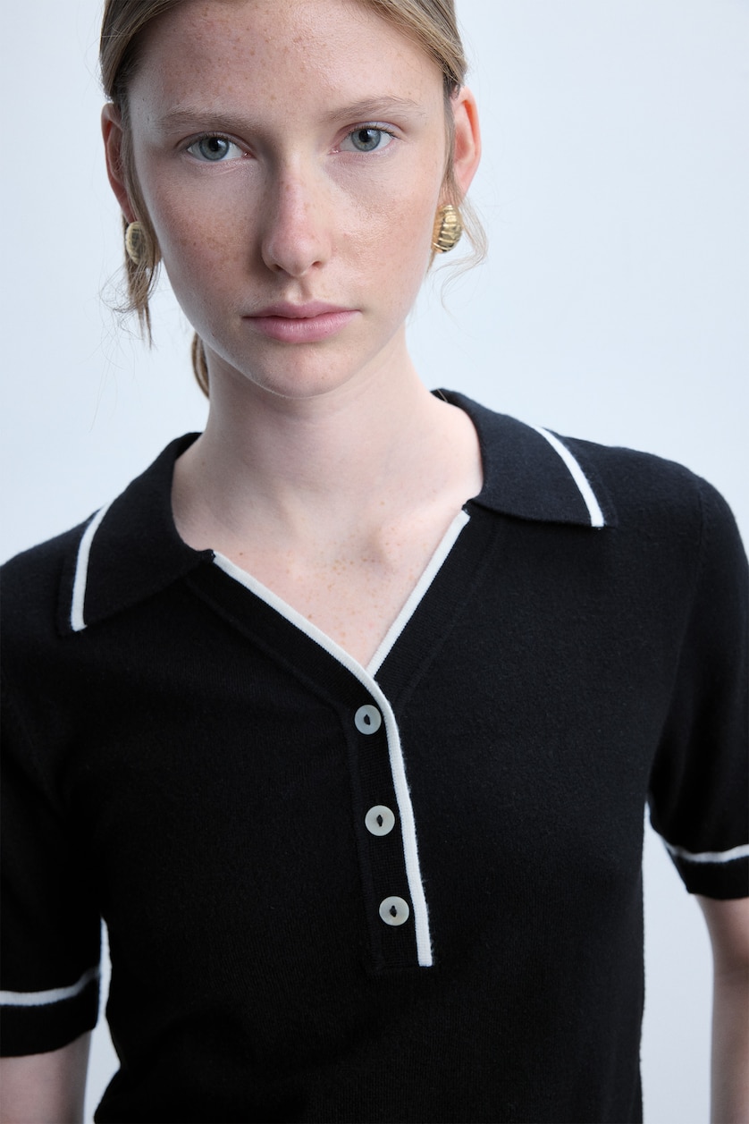 Women Black Regular Fit Polo Neck Short Sleeve T-Shirt