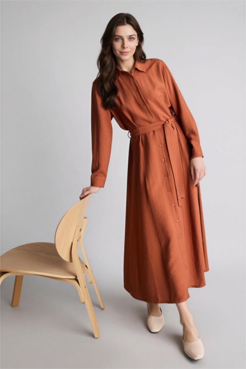 FEMME Marron Clair Robe Tissée À Manches Longues